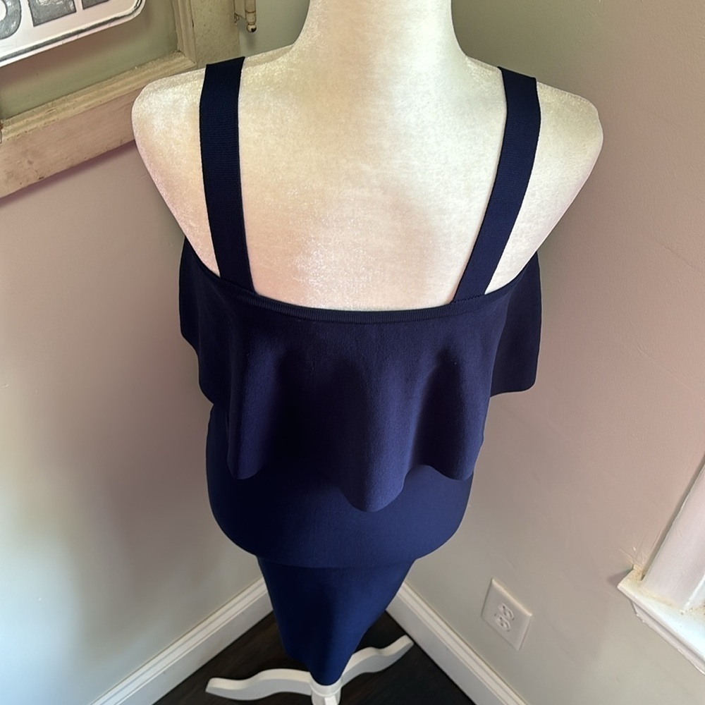 Milly Sleeveless Flounce Knit Sheath Dress Navy NWOT - Picture 7 of 10